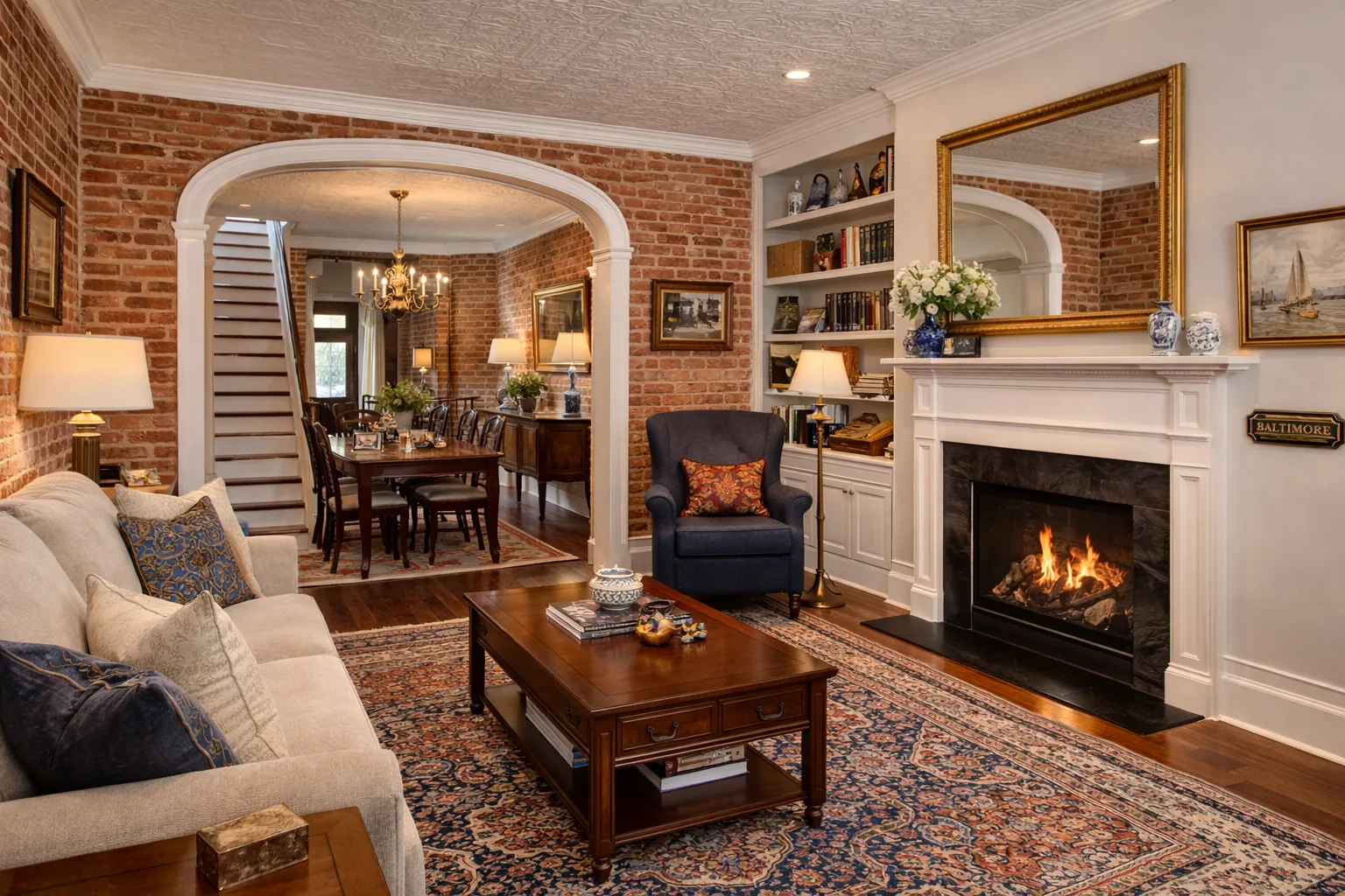 Baltimore rowhome living room with exposed brick, fireplace, and thoughtfully organized styling