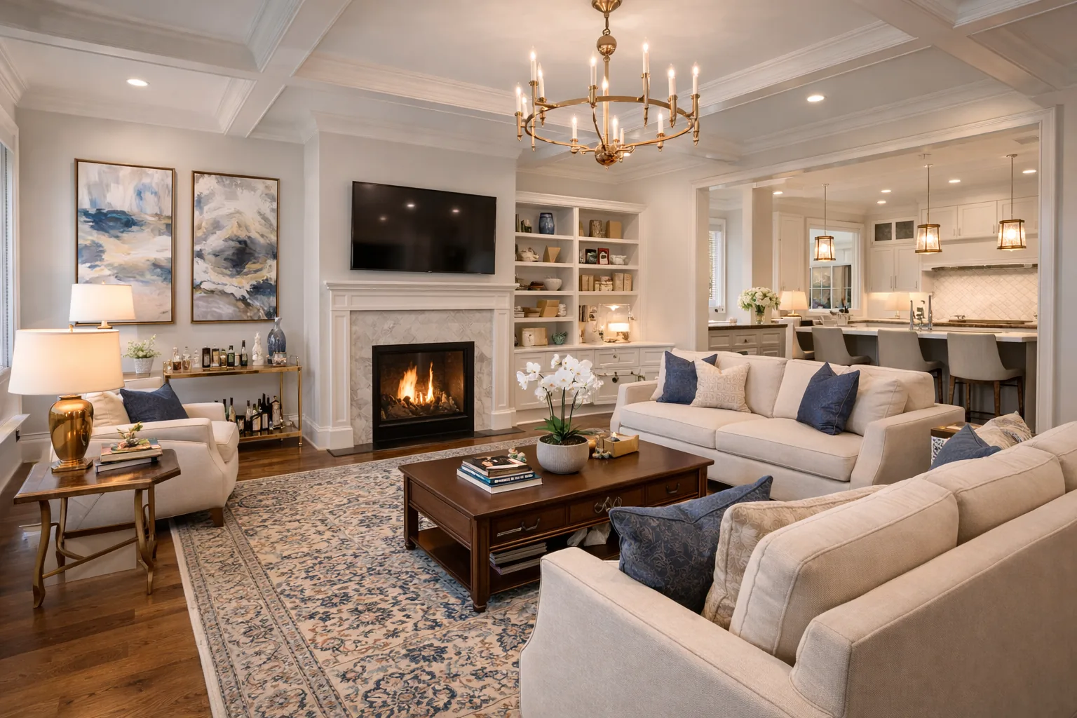 Bethesda luxury living room with fireplace, open kitchen, and polished home organization styling