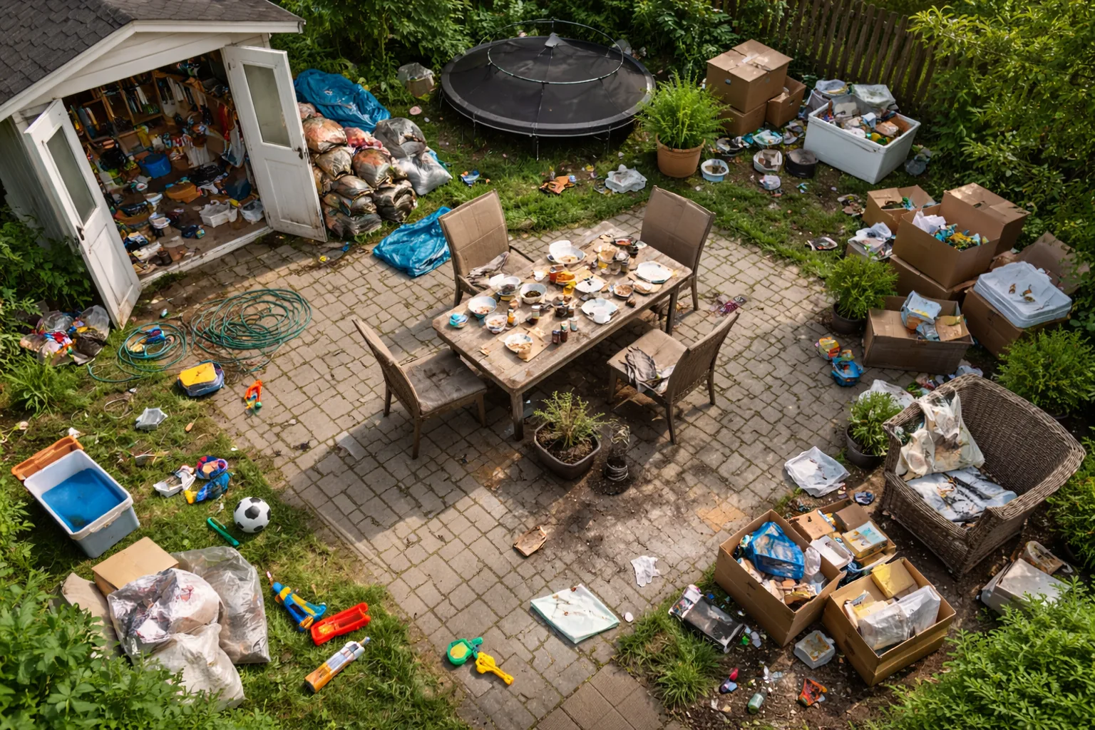 Cluttered backyard patio before outdoor decluttering and cleanup