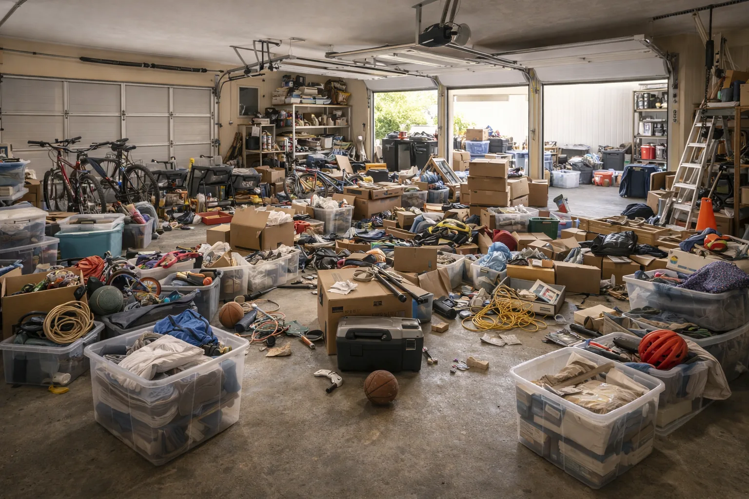 Cluttered three car garage in Maryland before professional decluttering and organization