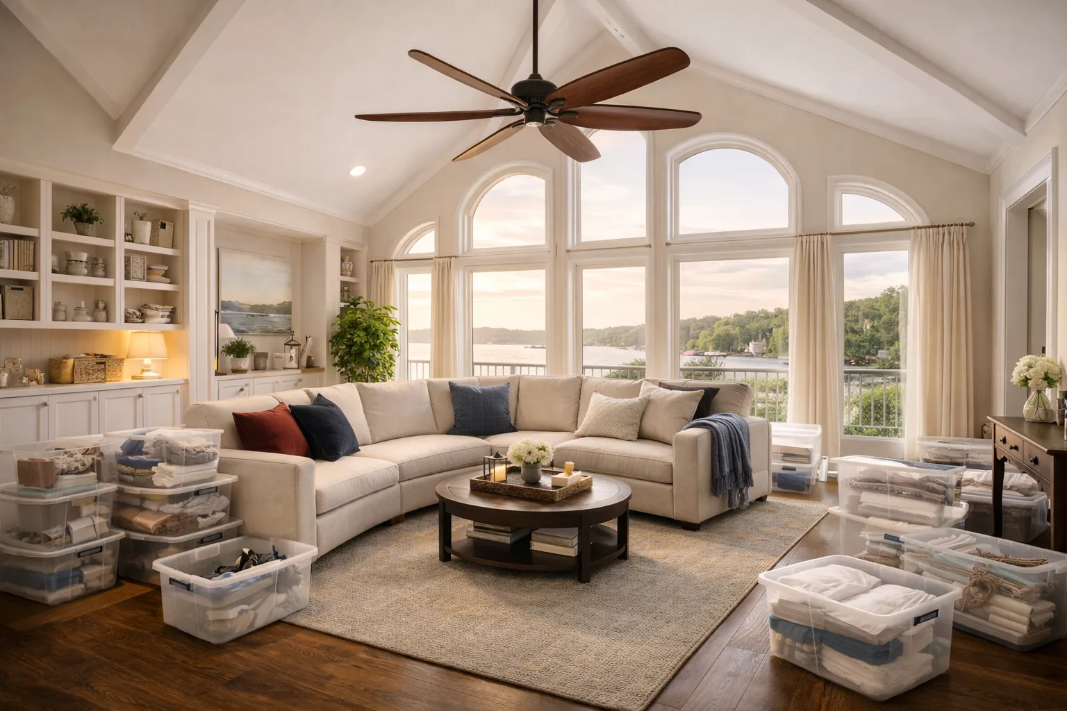 Decluttered Maryland waterfront living room with calm seating and organized bins