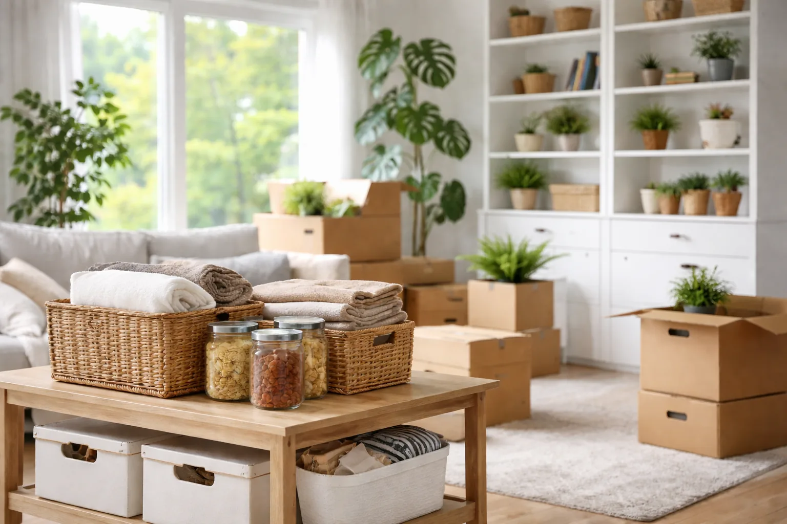 Living room staged with labeled bins during move management and unpacking in Maryland