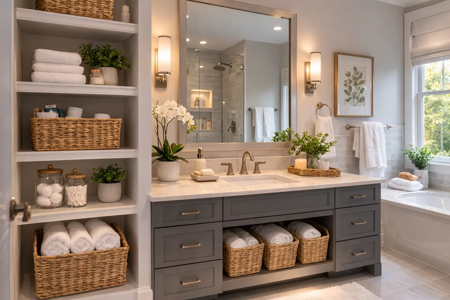 Organized bathroom with baskets, folded towels, and polished storage solutions in Maryland