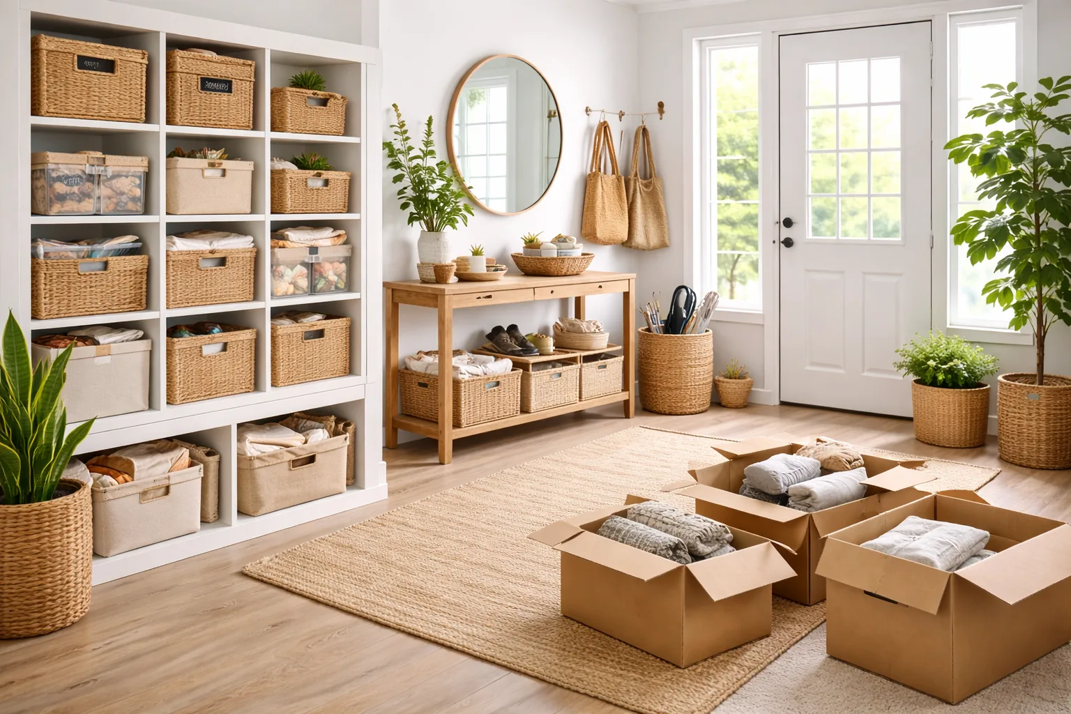 Organized Maryland entryway with baskets, open box staging, and a clean family drop zone
