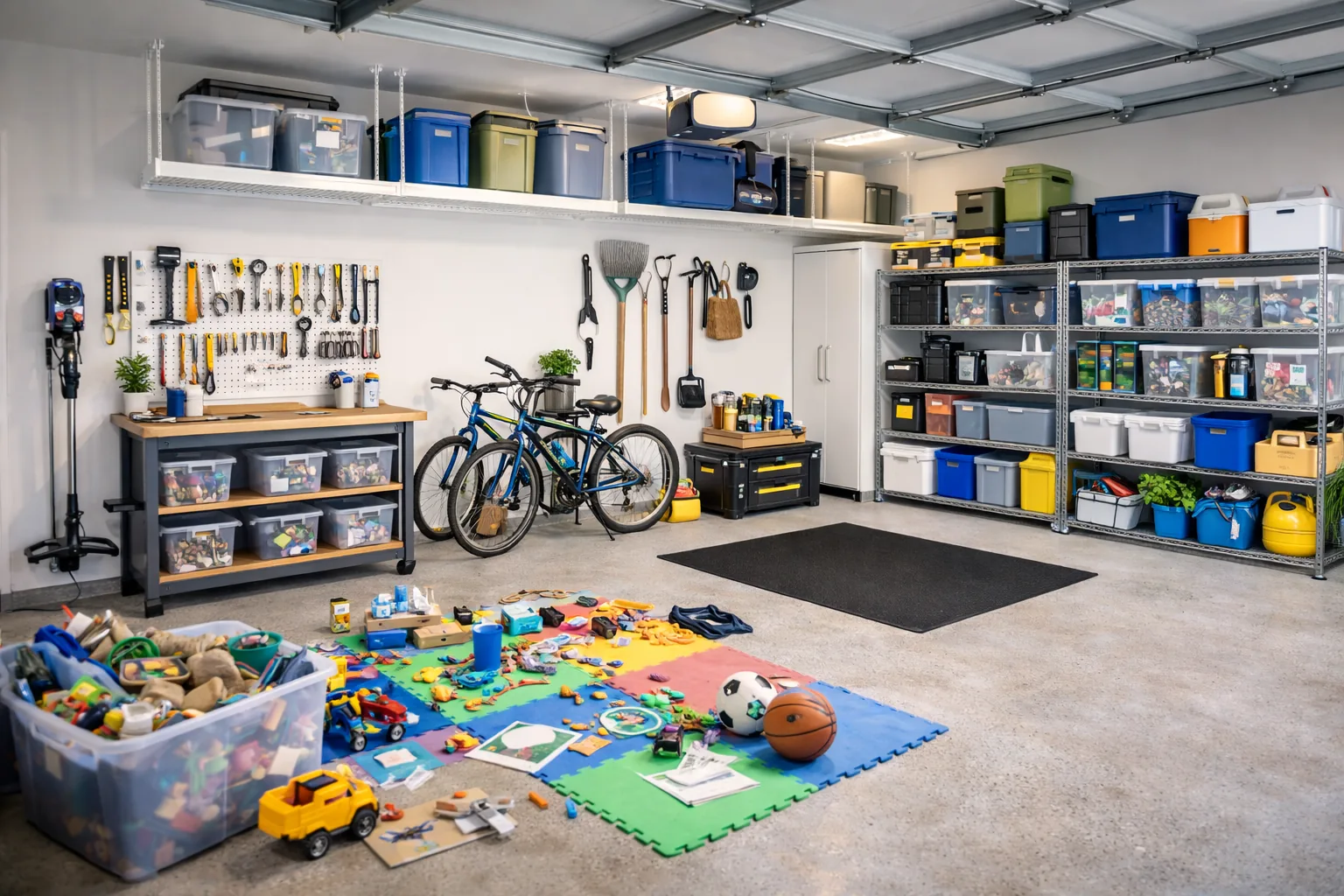 Family garage organized with labeled storage, tools, and play zones in Maryland