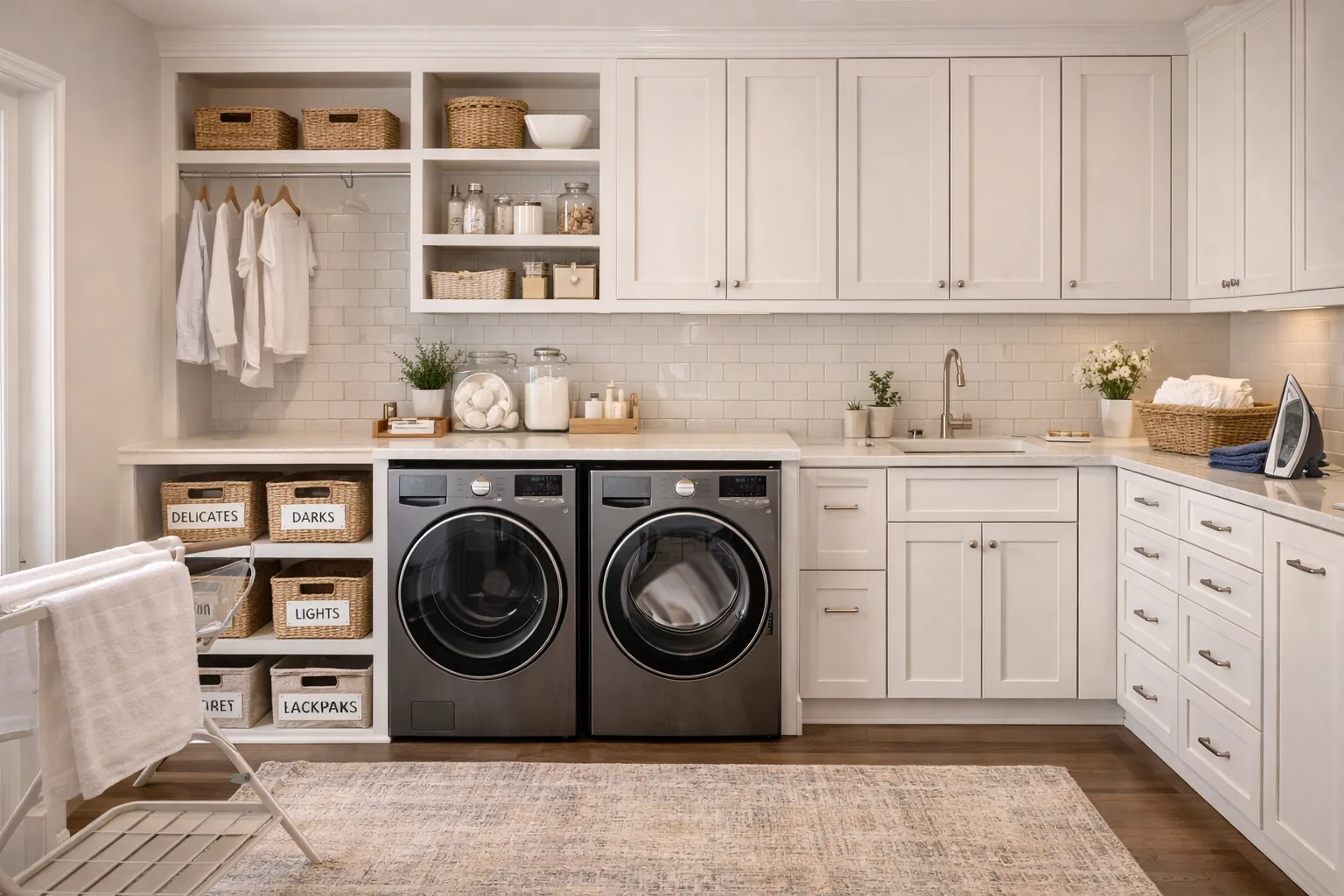 Organized laundry room with labeled baskets, folding space, and built in cabinets