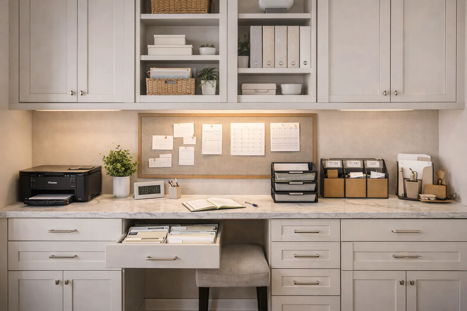 Organized paperwork and mail station with labeled trays, calendar board, and filing drawers