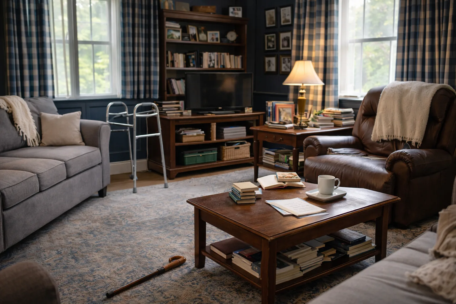 Senior friendly living room after decluttering with clear pathways and organized surfaces