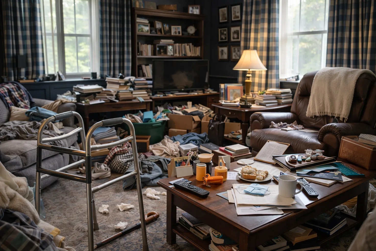 Senior living room before decluttering with crowded surfaces and blocked circulation