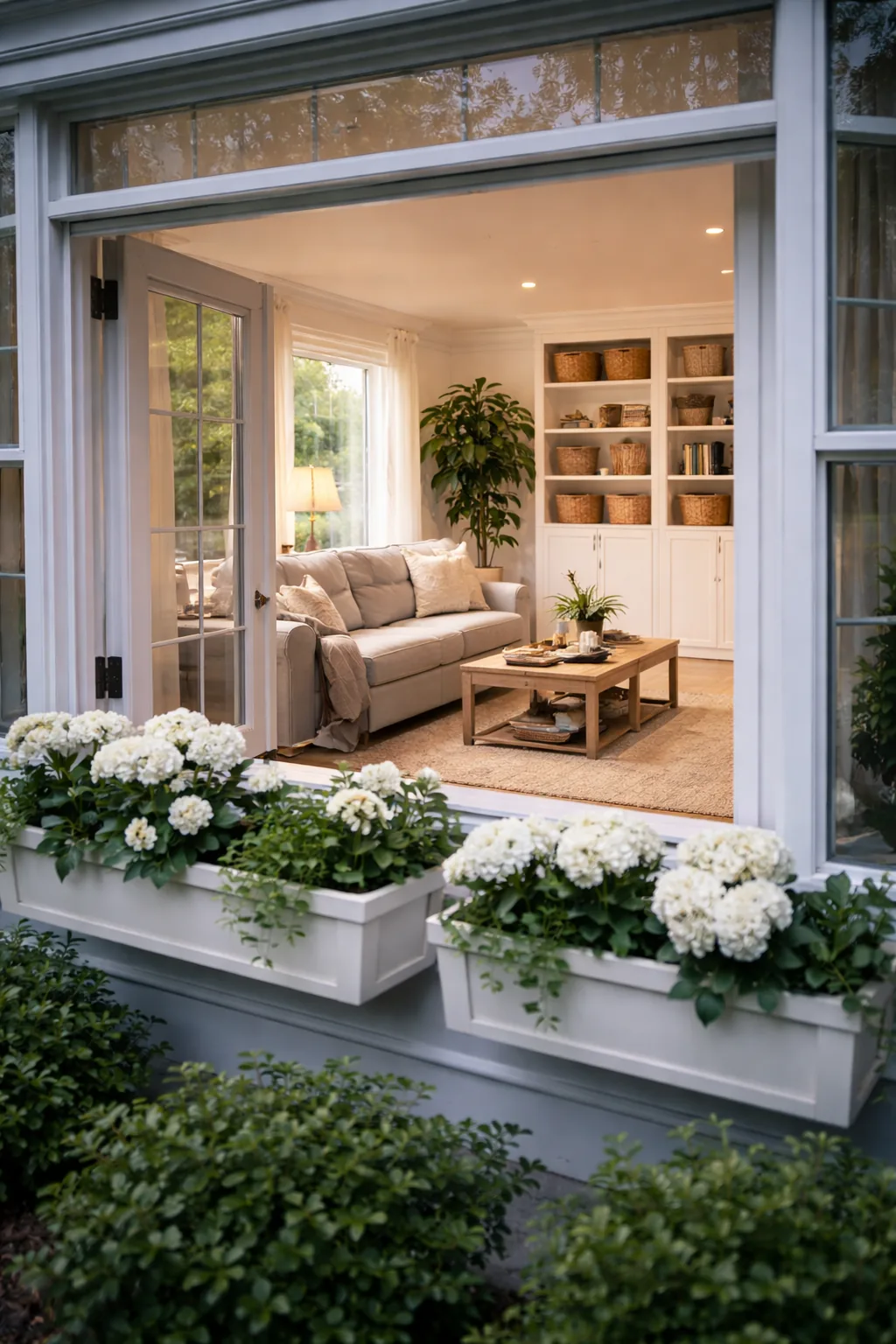 View into a tidy Maryland home with styled shelves and organized living room storage